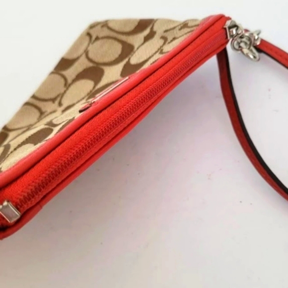 Coach Fabric Wristlet Canvas and Leather Khaki and Red 6"W x 4"H - Picture 5 of 7